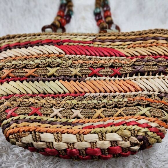 Blue Miami Straw Bag Beaded Handle Boho - Picture 2 of 10